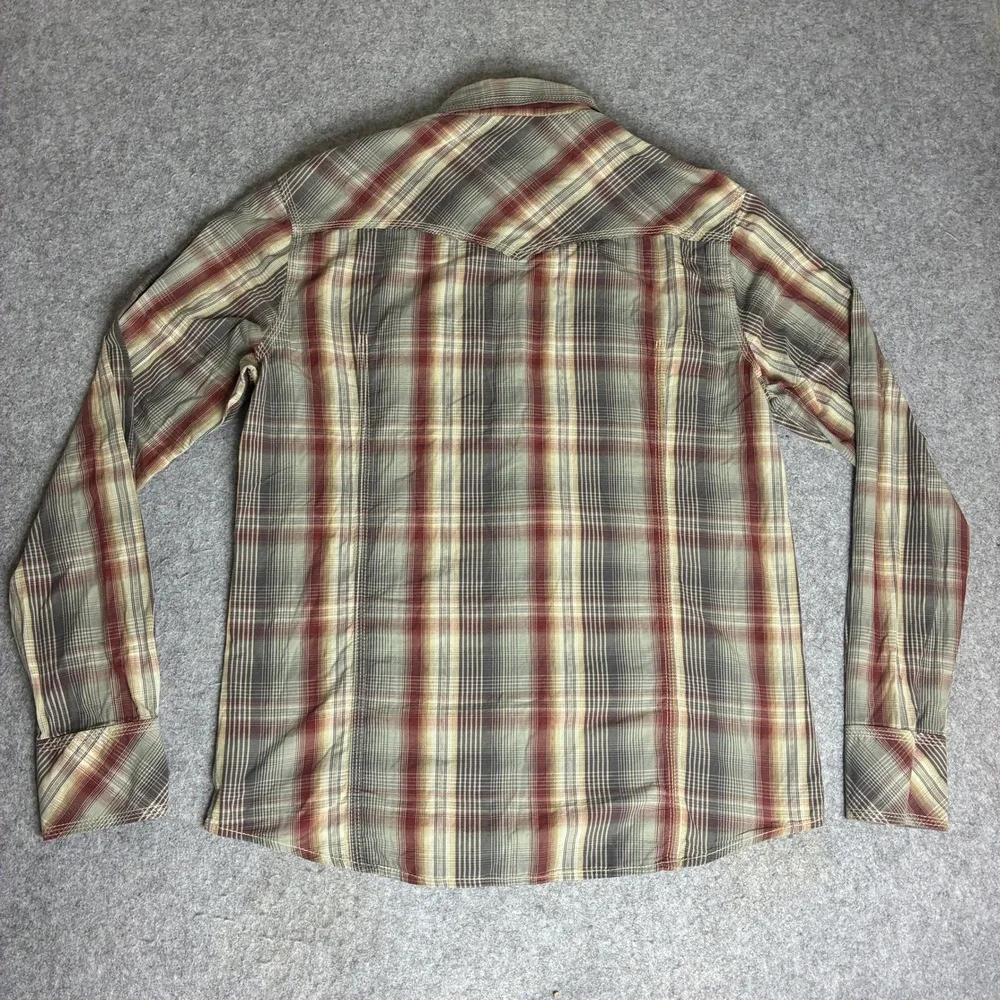 True Religion Mens Plaid Western Pearl Snap Shirt Red Tan Horseshoe Pocket XXL